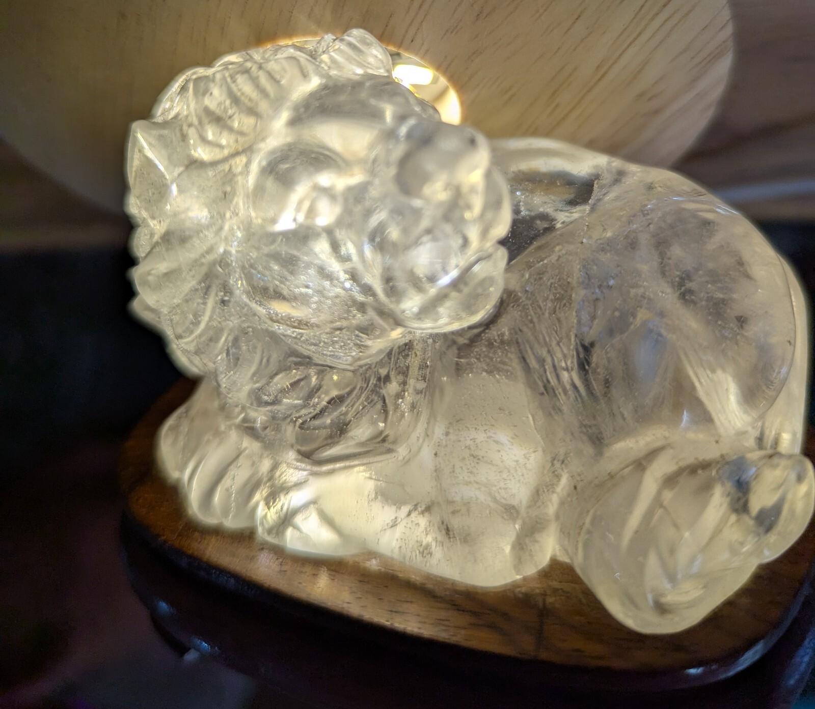 Clear quartz CRYSTAL carved LION with Cherry Wood stand Natural Mineral specimen