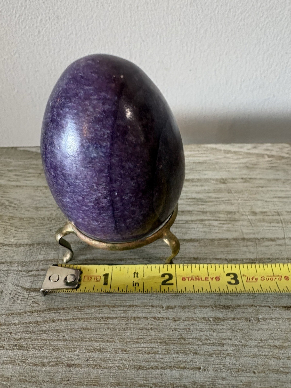 Vtg Deep Purple LEPIDOLITE Lavender Mica Polished Stone Egg Brass Stand