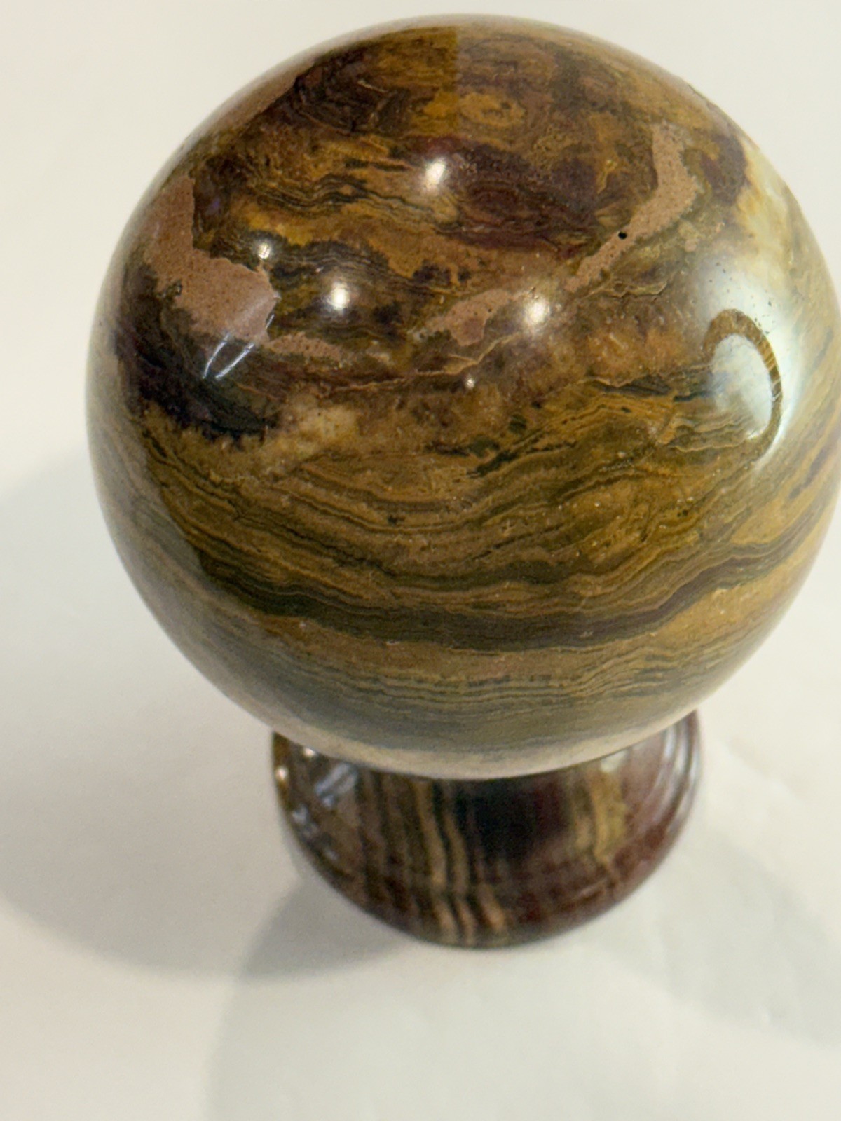 Collector-Grade Banded 🤎 Brown Onyx Sphere on Pedestal • 631g Natural Stone