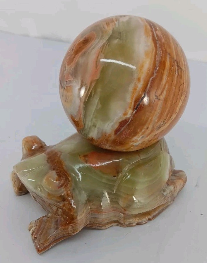 Green Banded Onyx Sphere With Matching Carved Frog Stand From Pakistan