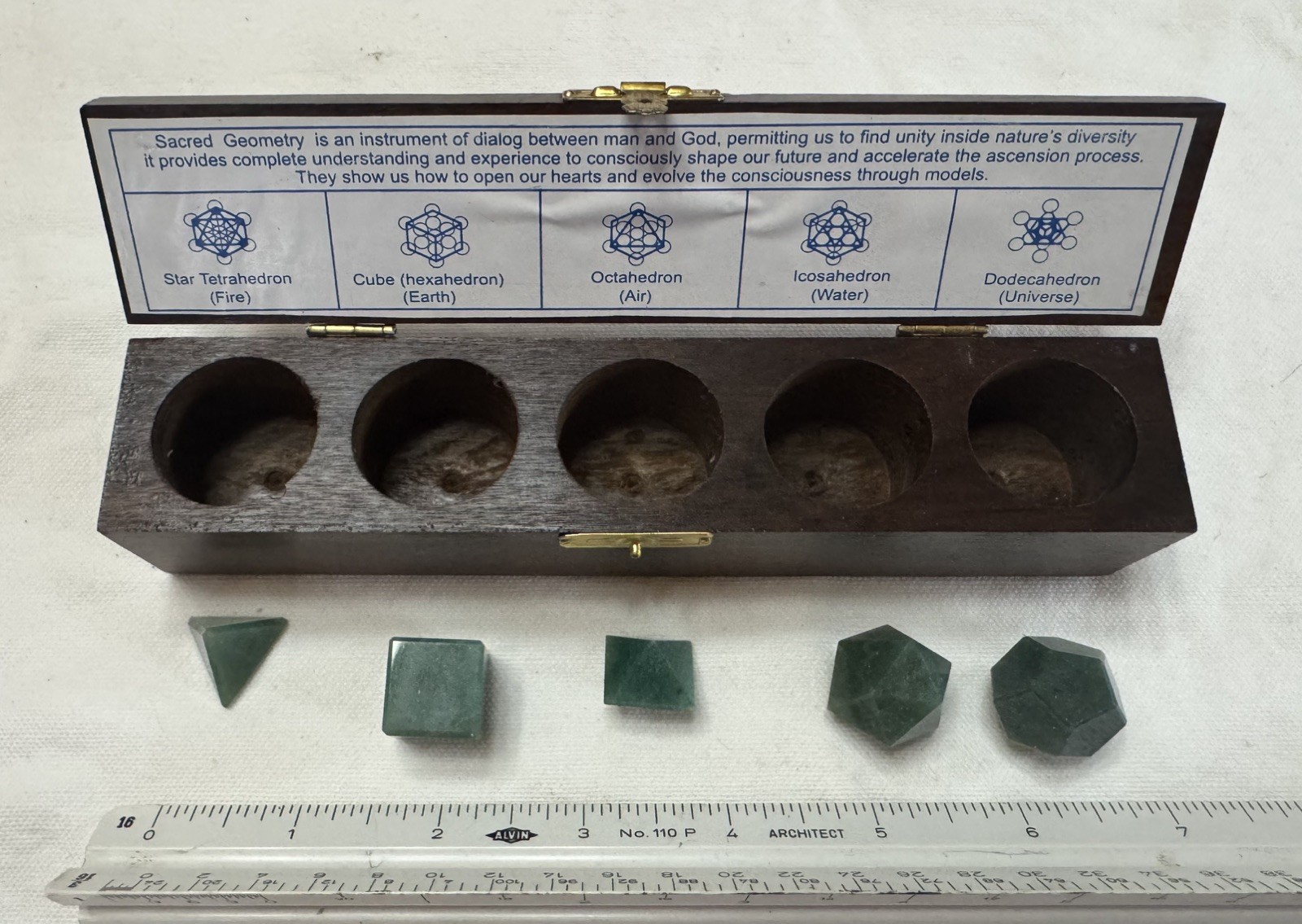 Vintage Green Indian Agate 5pc Sacred Geometry Set Platonic Solids w/Wooden Box