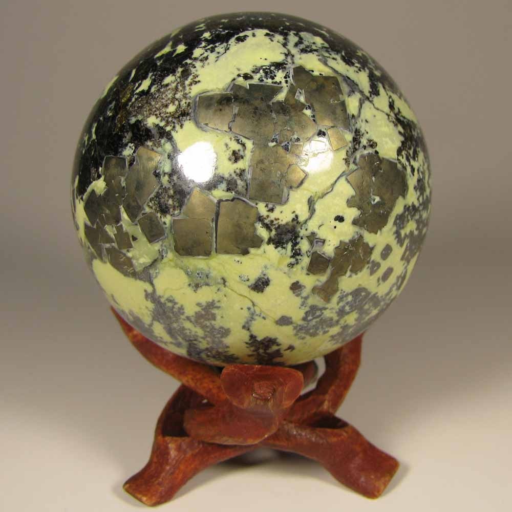 2.2″ SERPENTINE w/ PYRITE Polished Crystal Sphere Ball w/ Stand – Peru – 57mm
