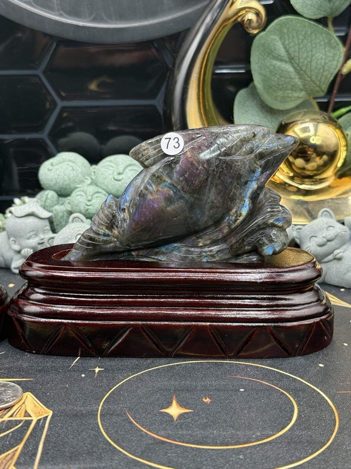Natural Labradorite harbor porpoise Carving w/ custom stand Rainbow/Purple Fash