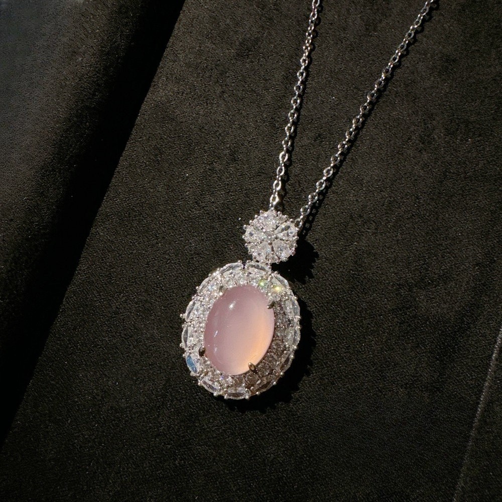 Pink Chalcedony Necklace Cubic Zirconia Pendant Necklace Gemstone Jewelry Gift
