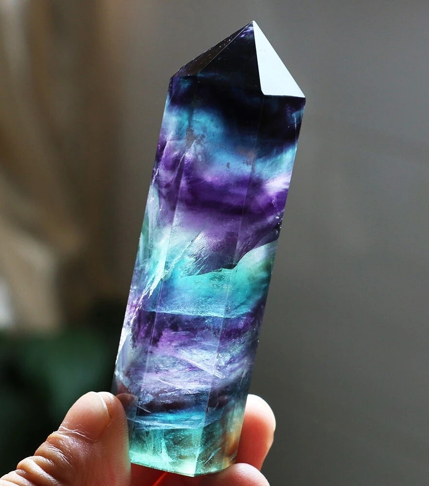 Natural Rainbow Fluorite Healing Witch Crystal Wands Reiki Tower Home Ornament