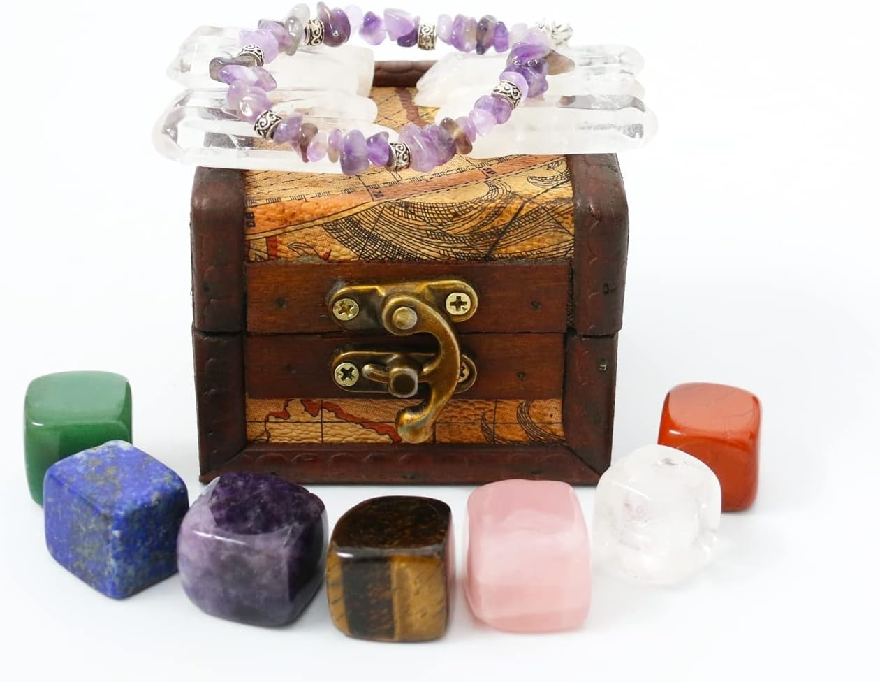 Elegant Healing Crystals & 7 Chakra Stones Set in Wooden Box – Gift for Women