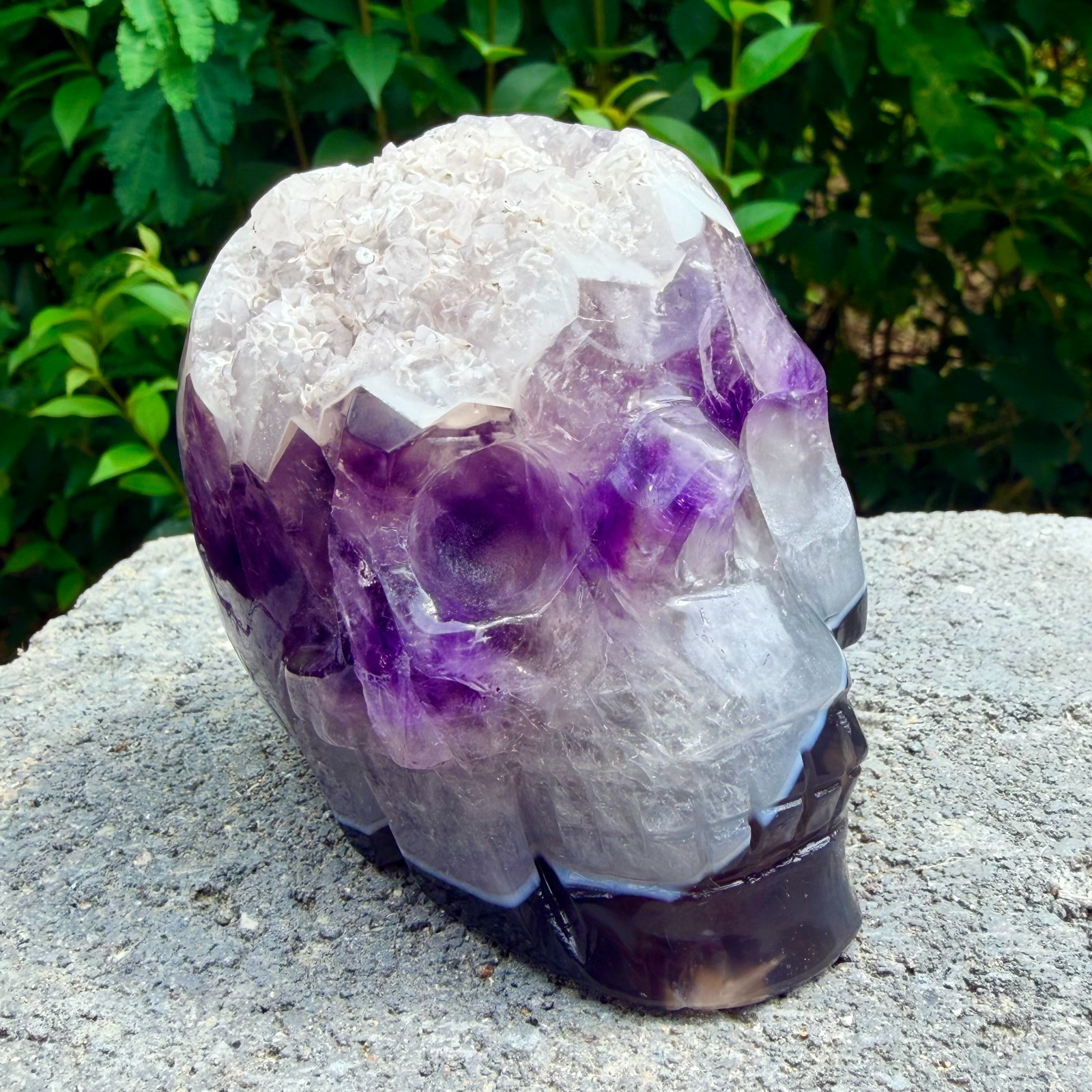 714g Amethyst agate crystal cave skull, Rare hand carved skull specimen