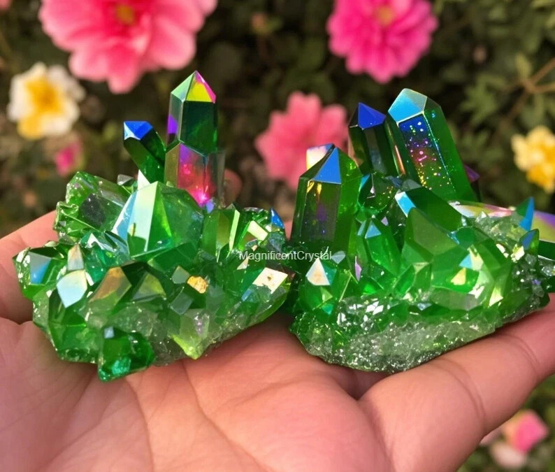 Green Electroplated Crystal Cluster Natural Raw Stone Healing Spiritual Home Dec