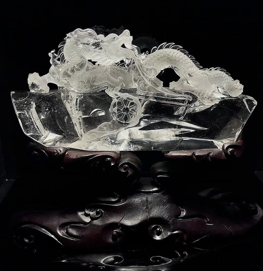 15.3LB Natural clear crystal quartz Carved dragon Reiki energy Decor+Stand