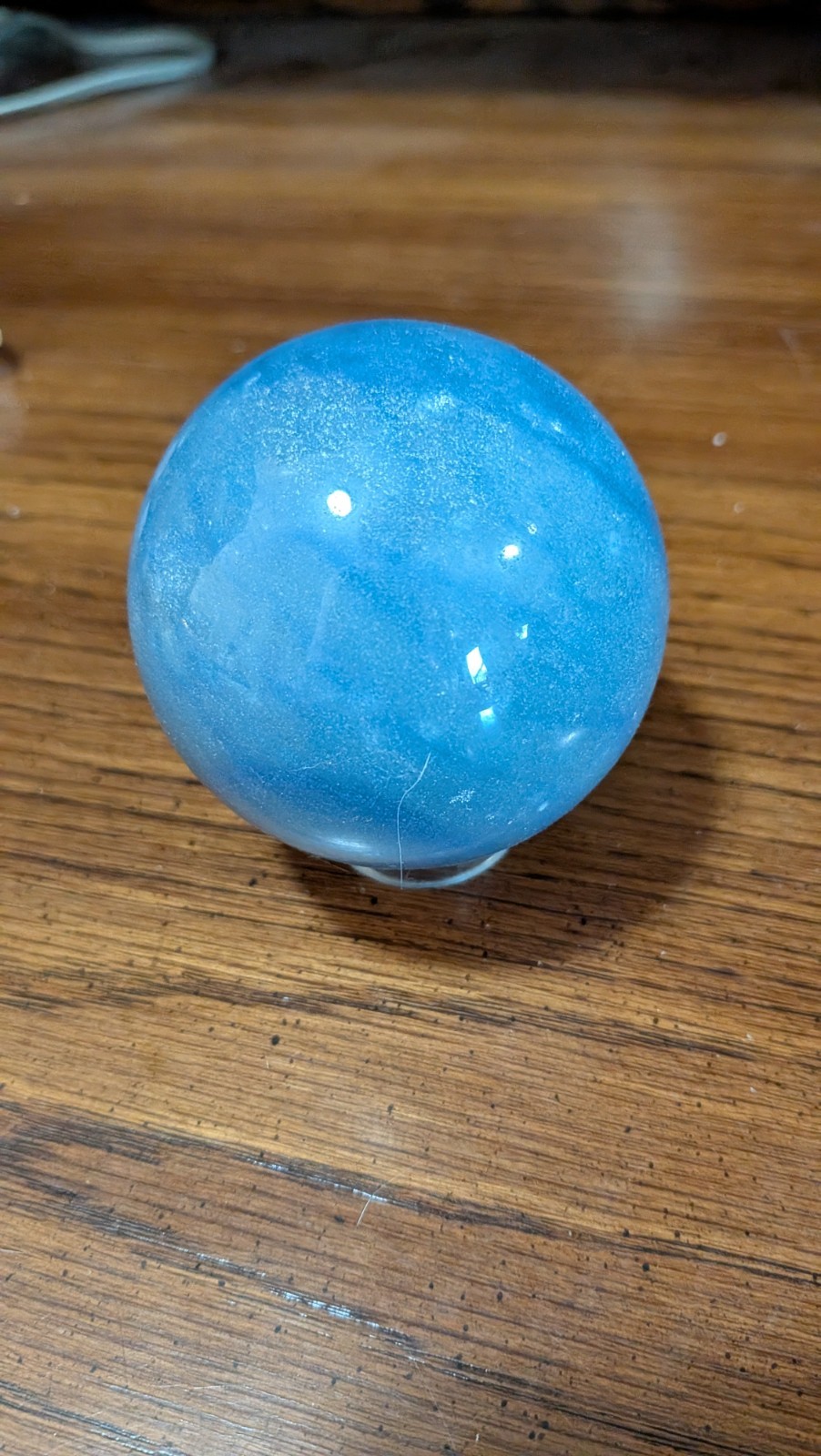 Polished Blue Opalite Glass Sphere Ball on Clear Stand, Display Sphere Decor