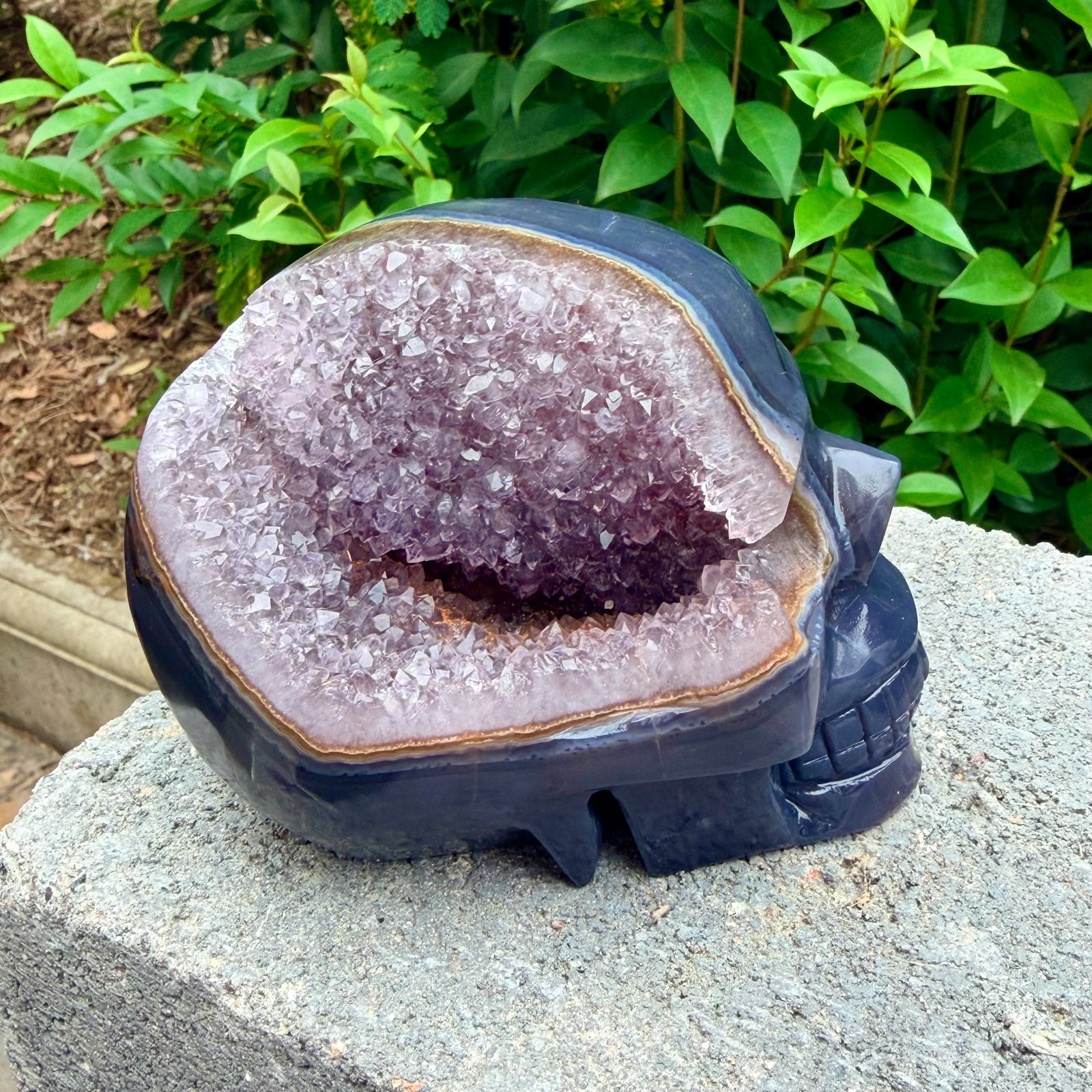 2.33lb Amethyst agate crystal cave skull, Rare hand carved skull specimen