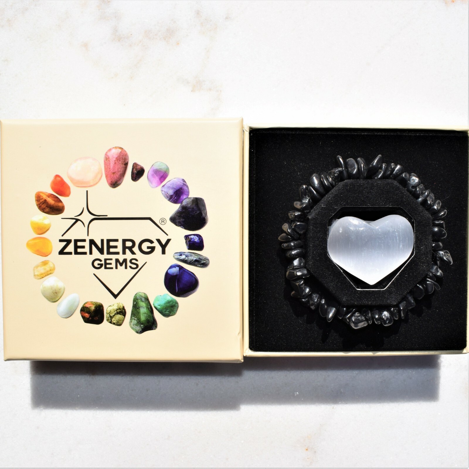CHARGED Natural Black Tourmaline Crystal Chip Stretchy Bracelet + Selenite Heart