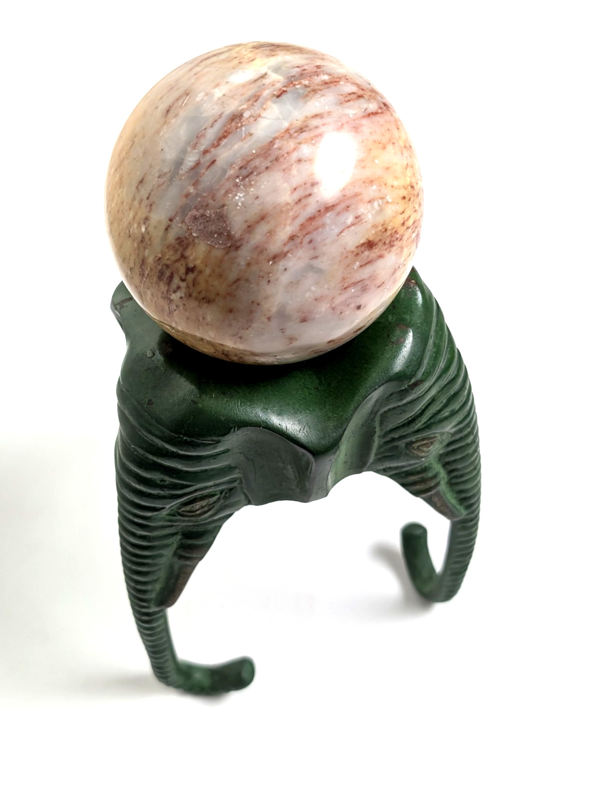Elephant Head Sphere Stand w Marble Onyx Ball Verdigris Green 8″