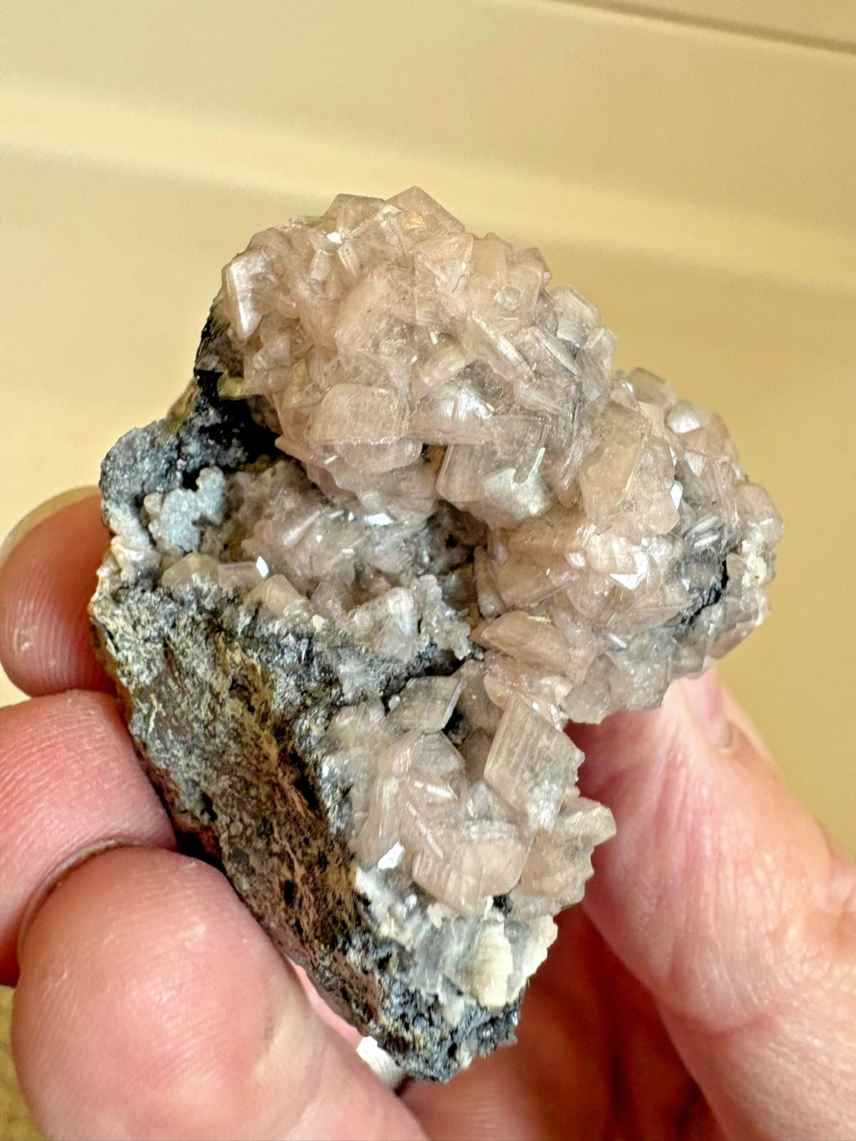 Smithsonite on Tennantite, “cobaltoan”, Tsumeb, Namibia