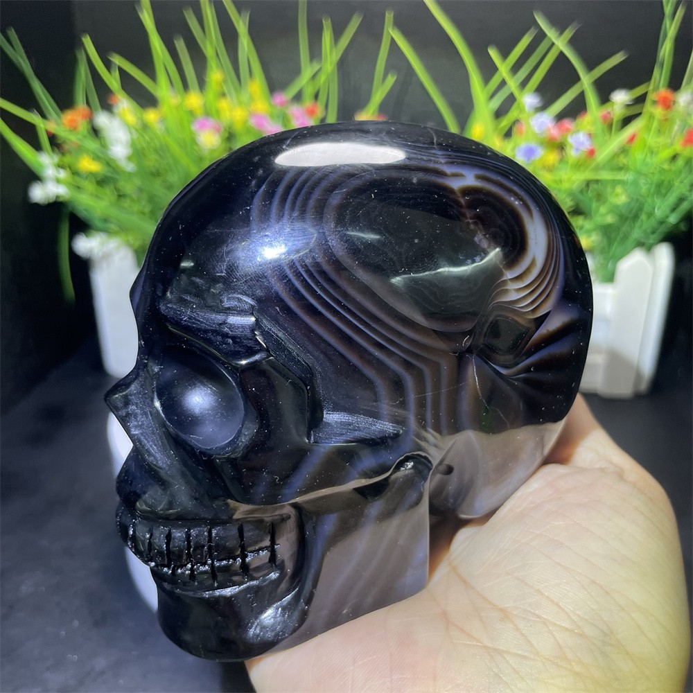 2.2LB 3.9″ Natural Black Sardonyx Agate Skull Carving Crystal Quartz Home Decor