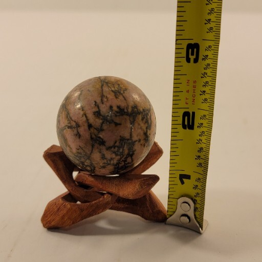 Rhodonite Sphere Polished Rock Pink Gemstone With Wooden Tripod Stand