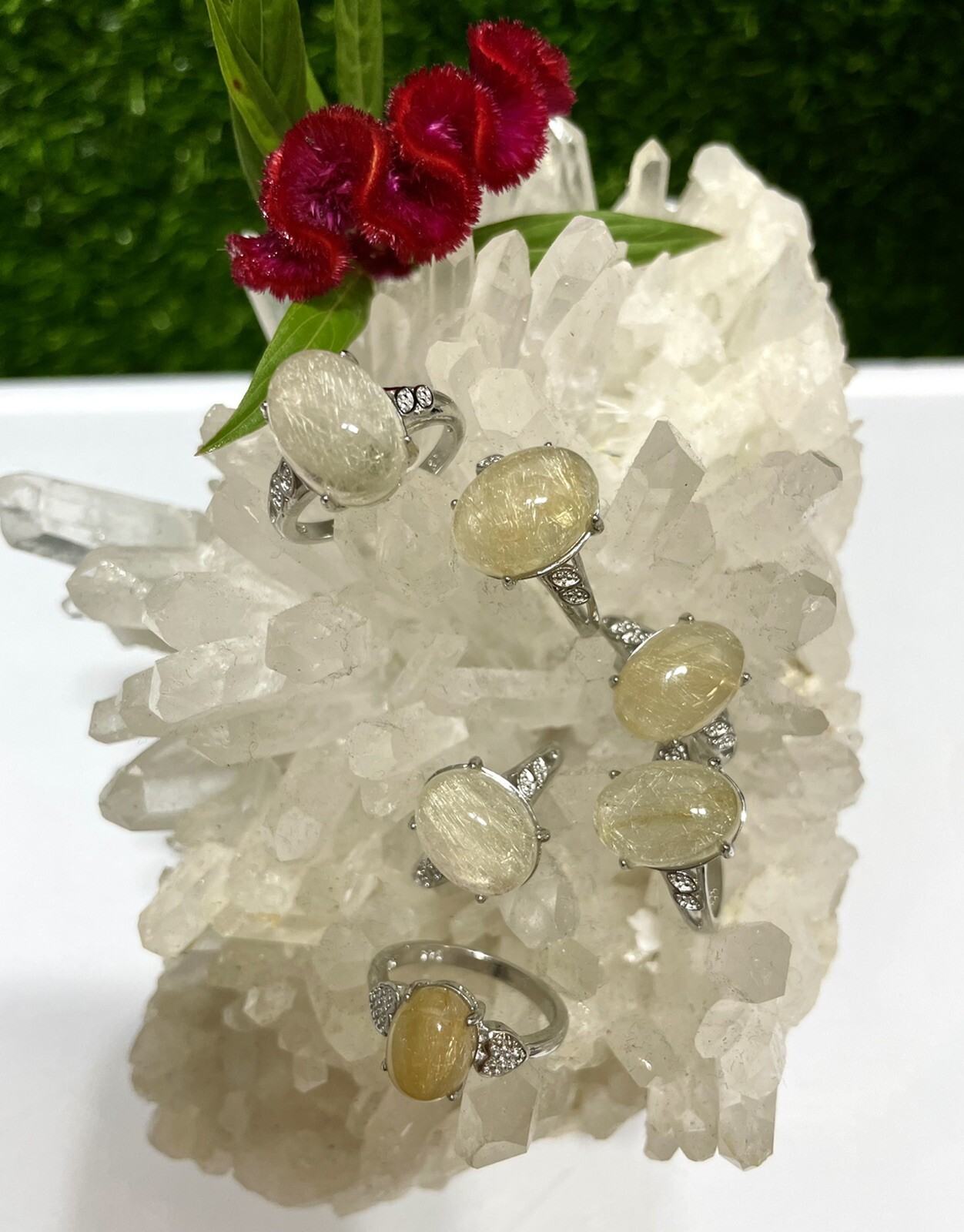 Wholesale Lot 6 Pcs Natural Gold Rutilated Quartz White Bronze Rings Crystal