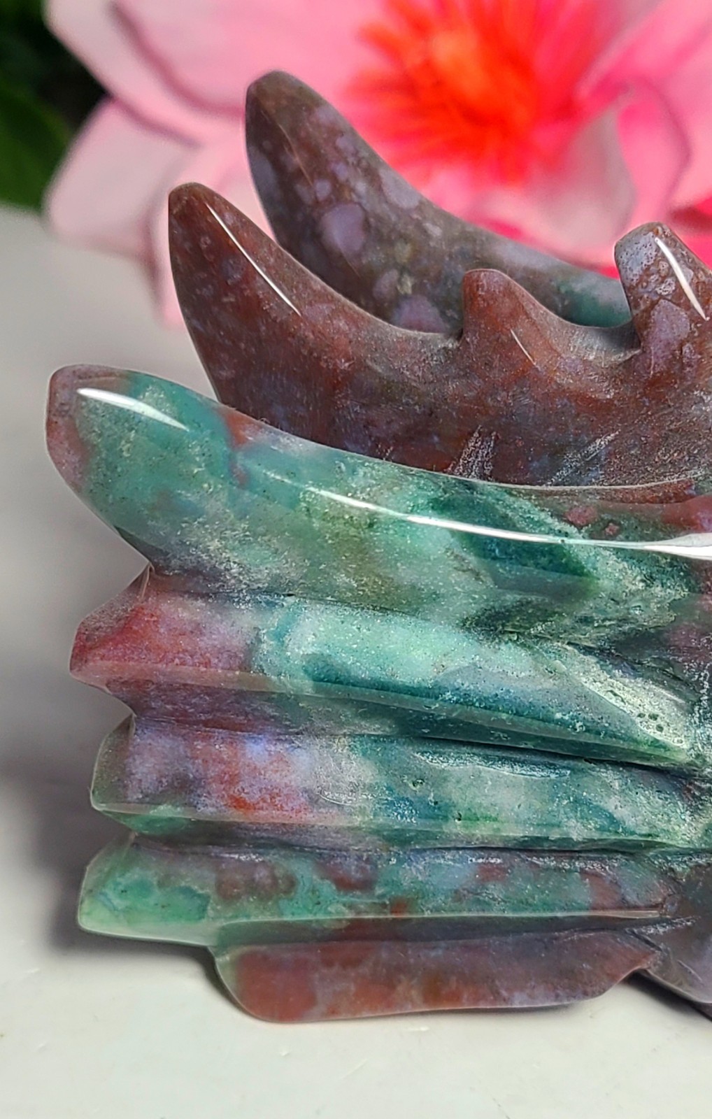 Large 5″ 435g Elegant A++ Ocean Jasper Dragon Head Skull Carving Stone Statue