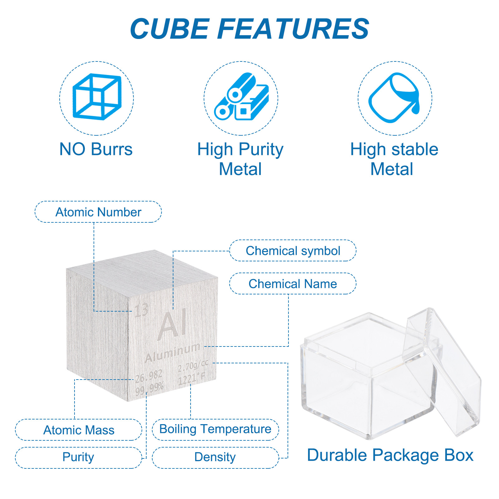 Aluminum Cube Aluminum Metal Element High Density Block Pure Periodic 1 Inch