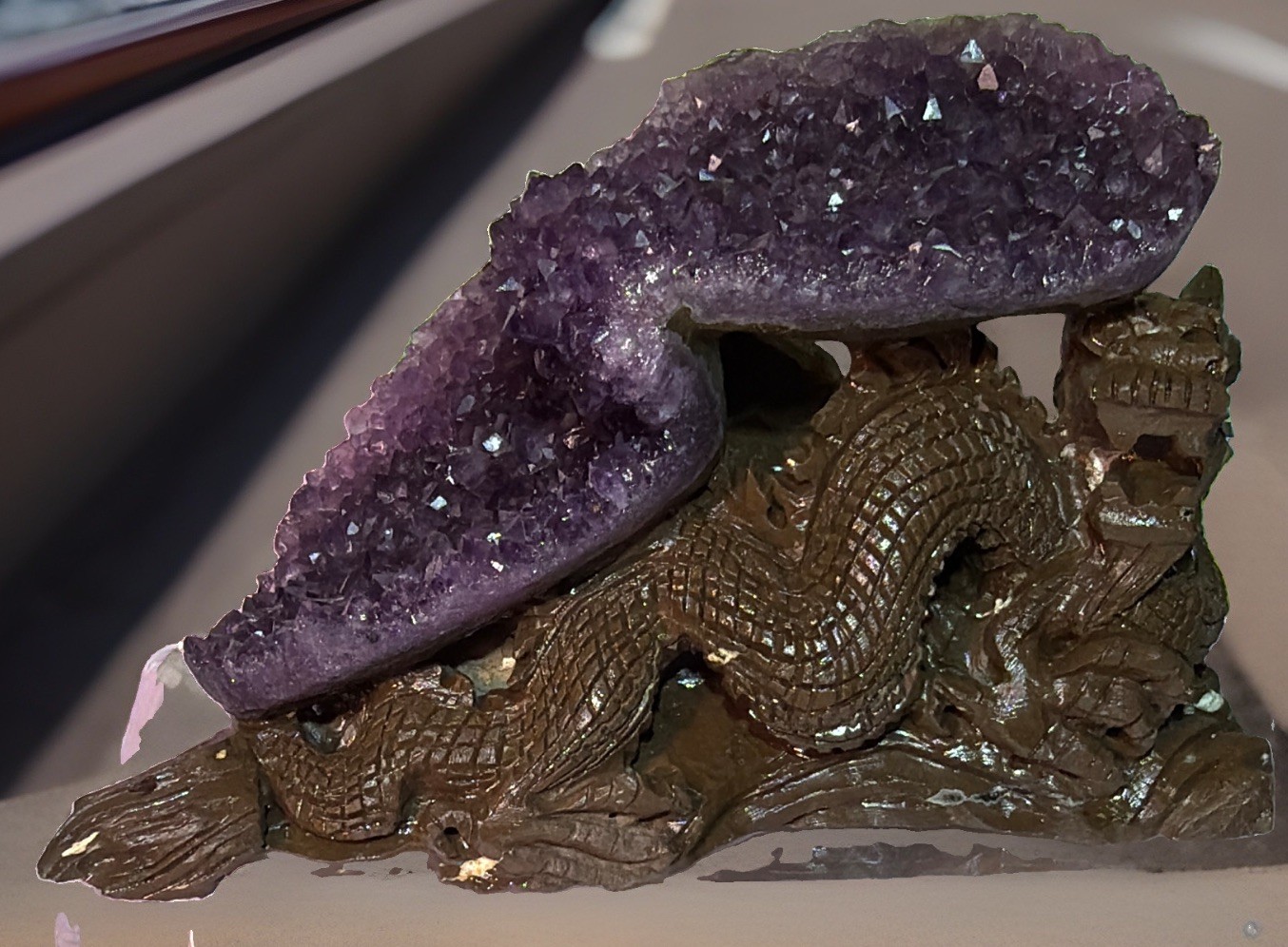 Purple Amethyst Cluster Crystal Mineral Display Specimen on Carved Dragon Stand