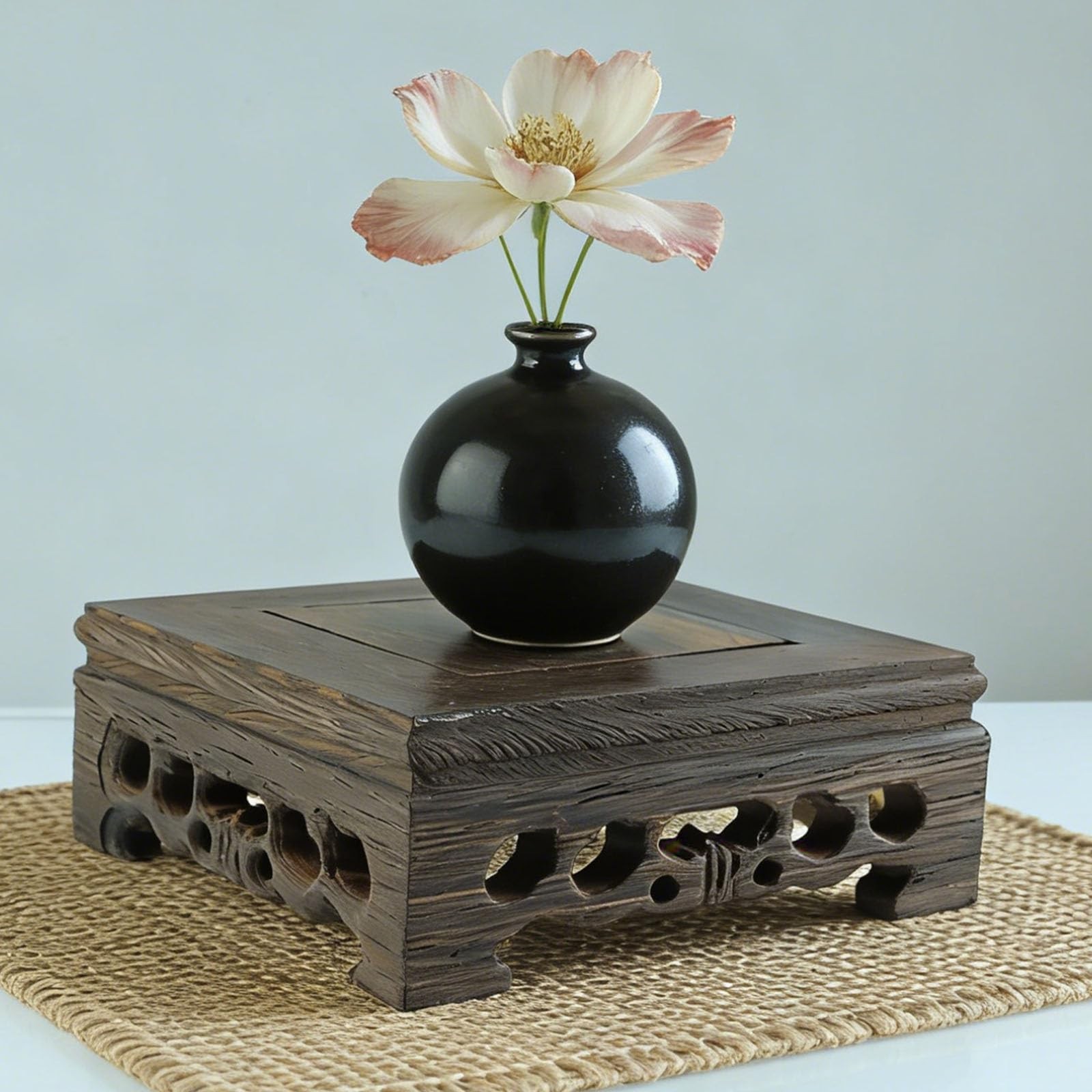 Furniture Wooden Display Stand Base Oriental Wood Round Pedestal Vintage Ebon…
