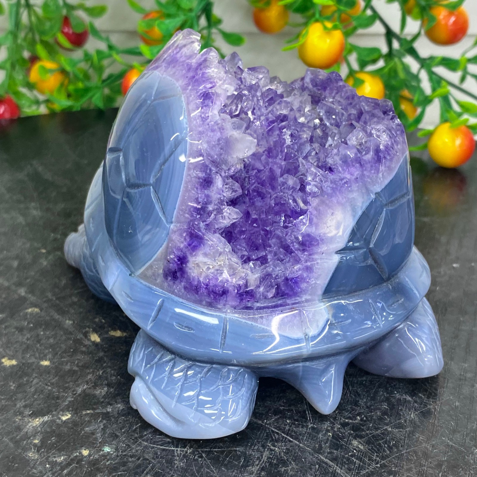 2.51LB Natural amethyst agate turtle Crystal turtle carving healing Home decora