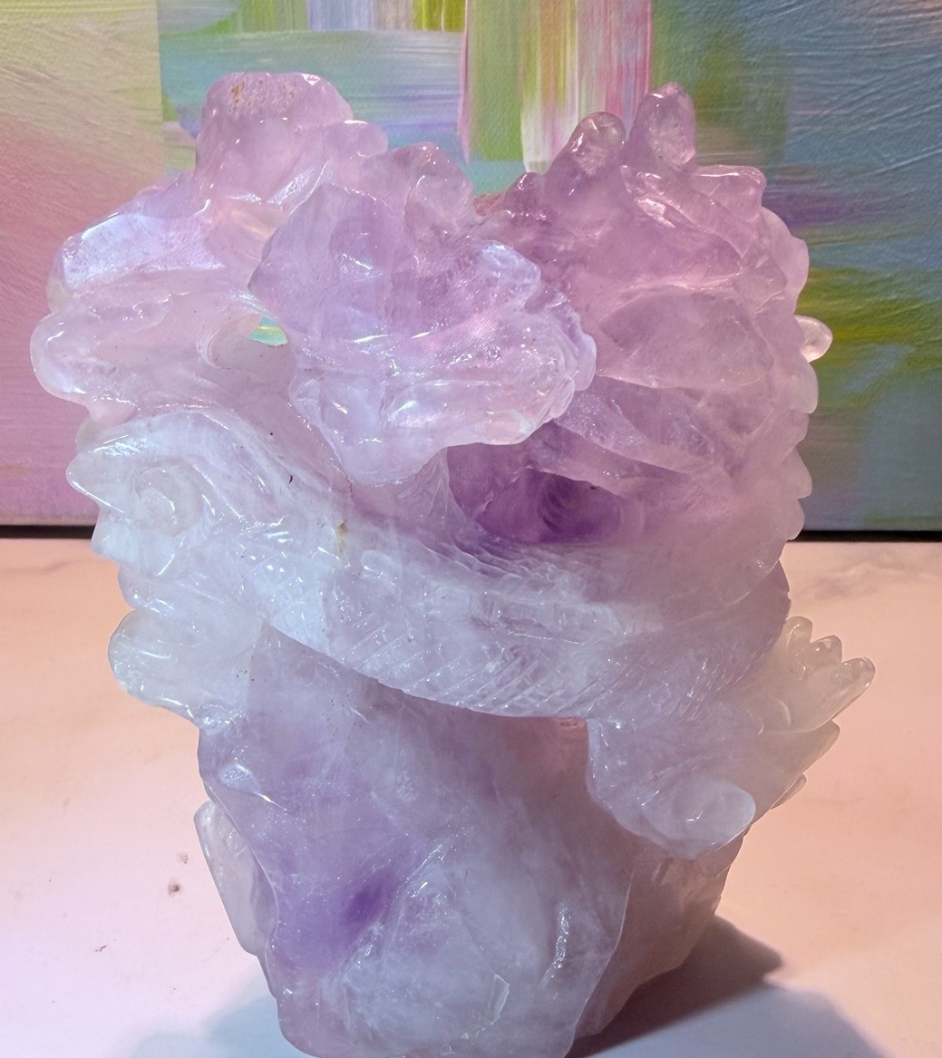 Purple Carved Crystal Dragon Sculpture Mineral Display Specimen Statue 6 in Tall