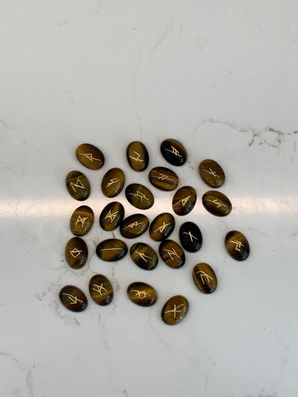 Tiger’s Eye Crystal Rune Stones Set of 25, Flat Back Stone Engraved Symbol