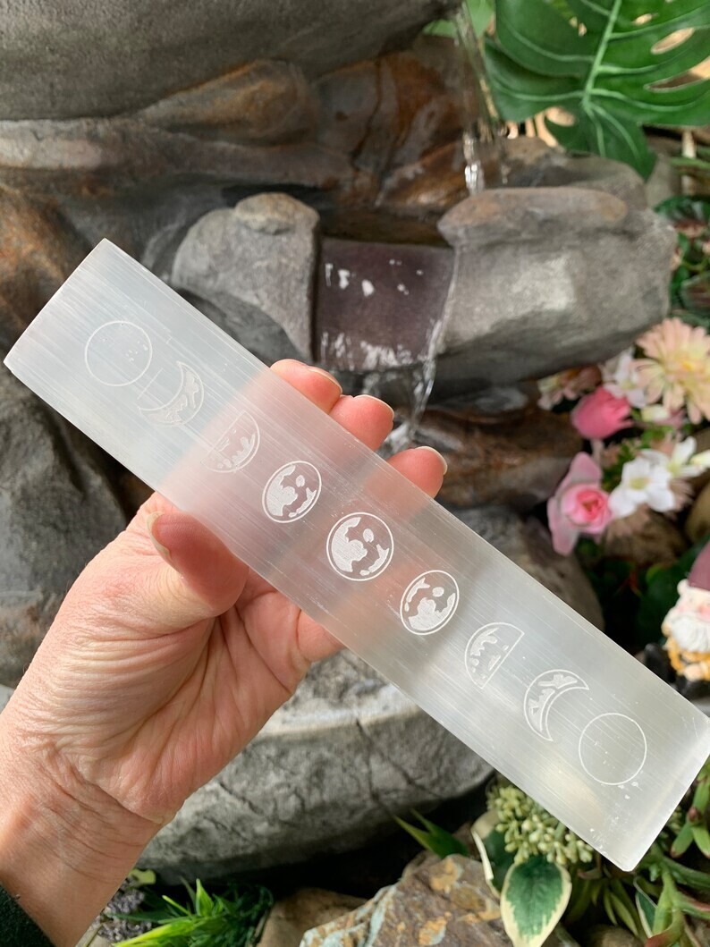8” Moon Phase Wand, Selenite Gemstone, White Selenite, Gypsum Crystals, Selenite