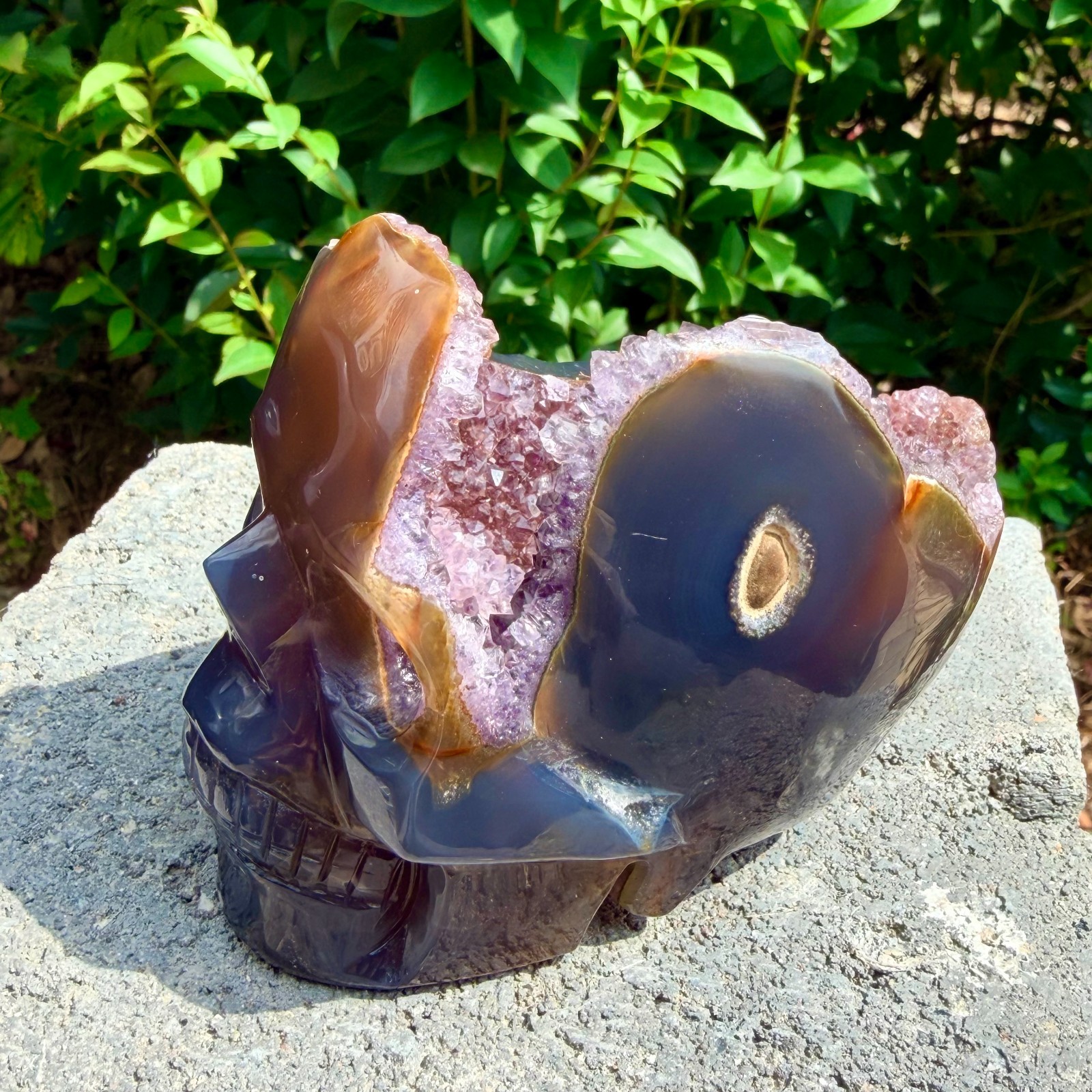 632g Amethyst agate crystal cave skull, Rare hand carved skull specimen
