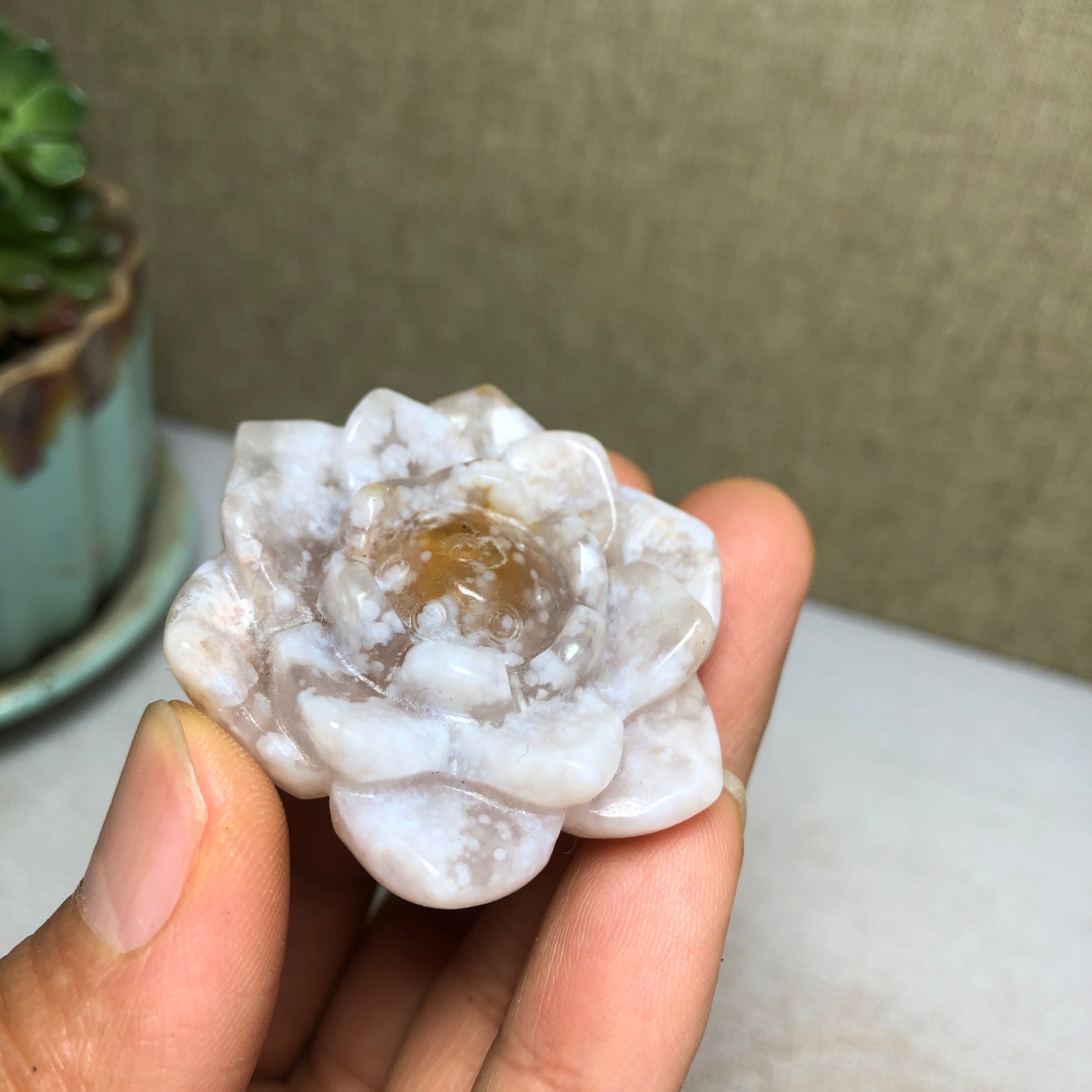 44mm Natural cherry blossom agate Hand carved flower Crystal specimens 38g A4456