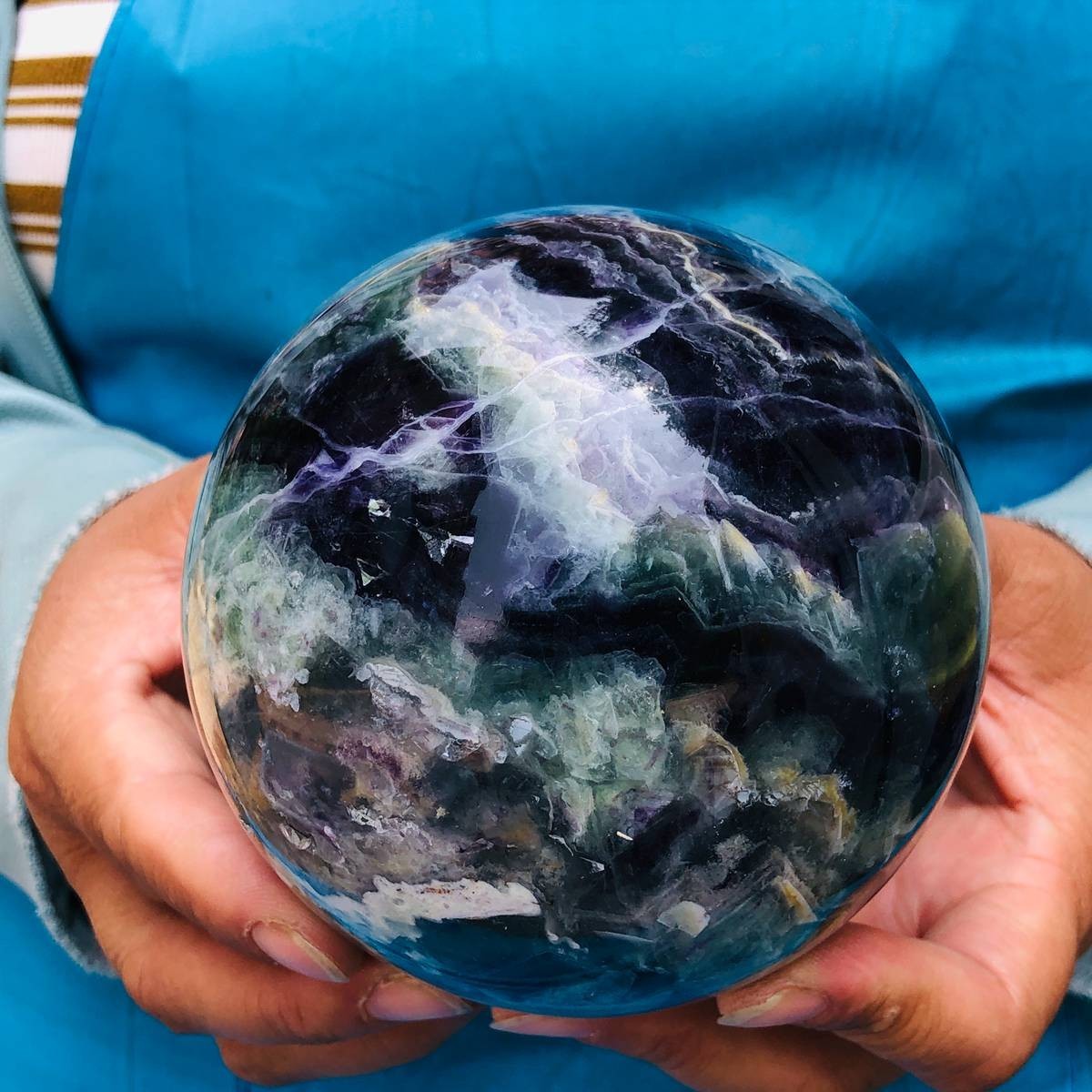 3.74LB Natural Crystal Rainbow Fluorite Sphere Display Ball Reiki Healing