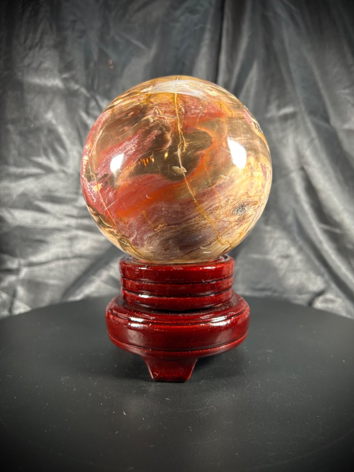 4.27″ Petrified Wood Sphere With Wood Stand 3lb 15.3oz (1795 grams) UV Reactive