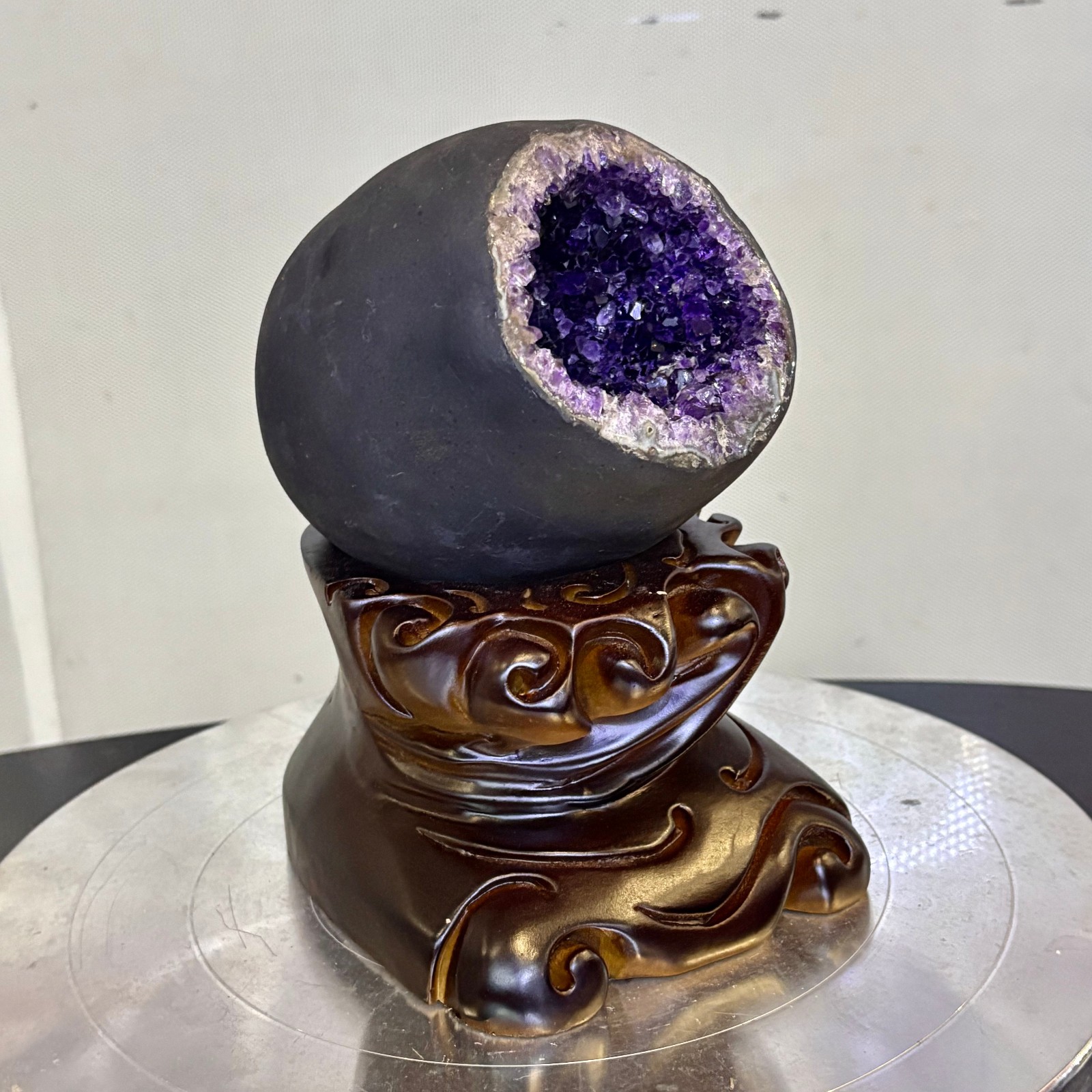 4.18LB Natural uruguay amethyst geode quartz money bag crystal +stand