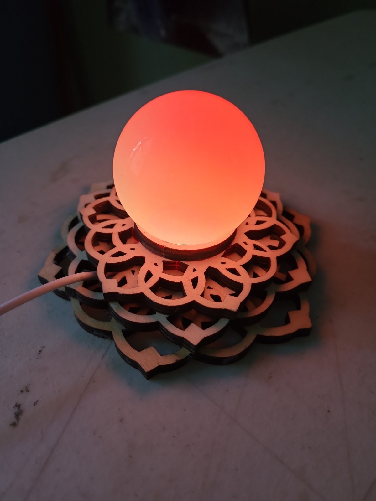 Mandala Light Stand W/ Opalite Sphere & Charger. Sphere Changes Colors When On