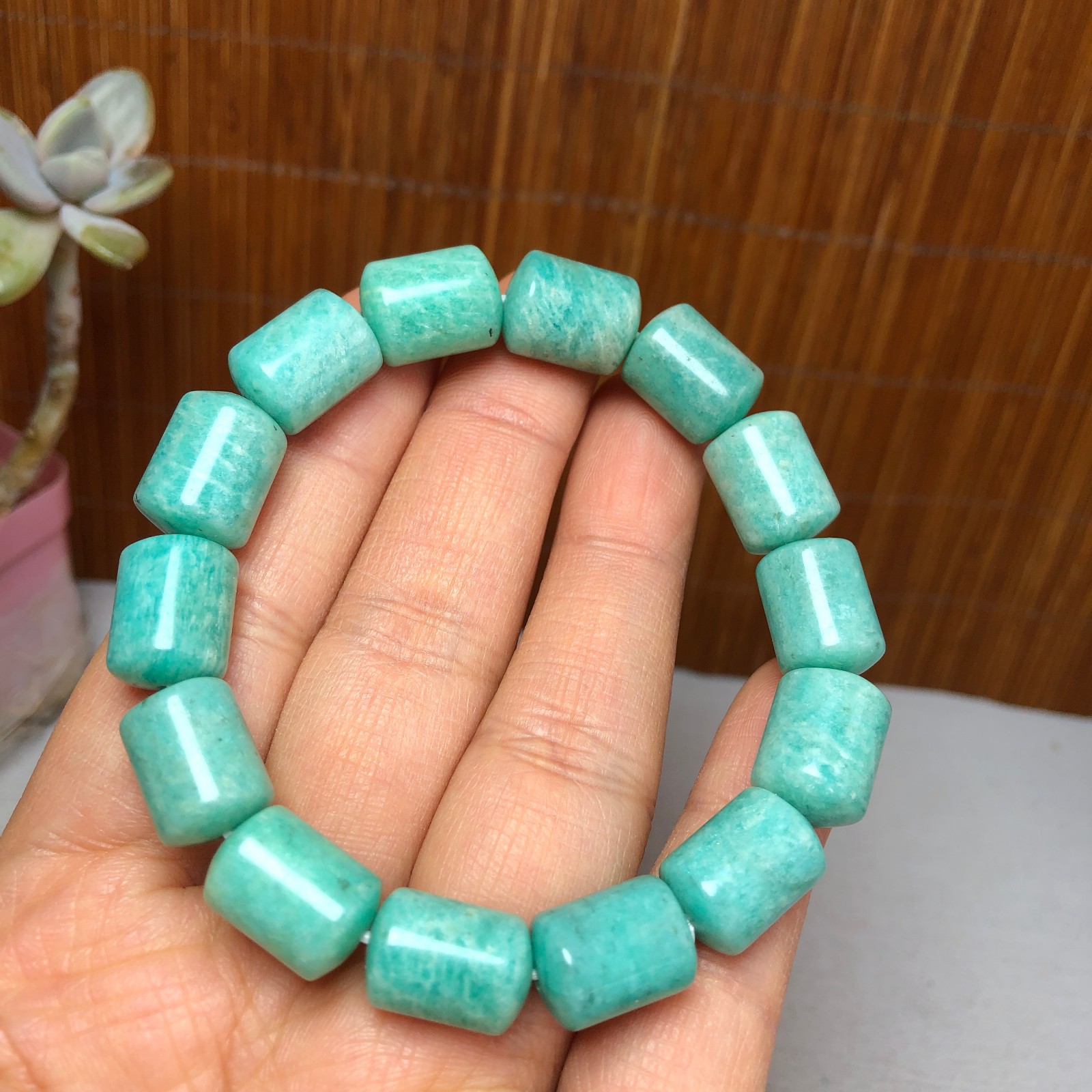 Natural amazon stone Bracelet Brown Gemstone Stretch Bucket bead Handmade A3700