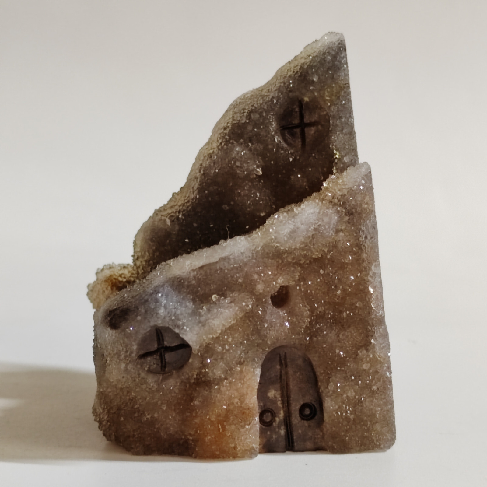 Natural crystal clusters, quartz mineral specimens, handmade carvings, house