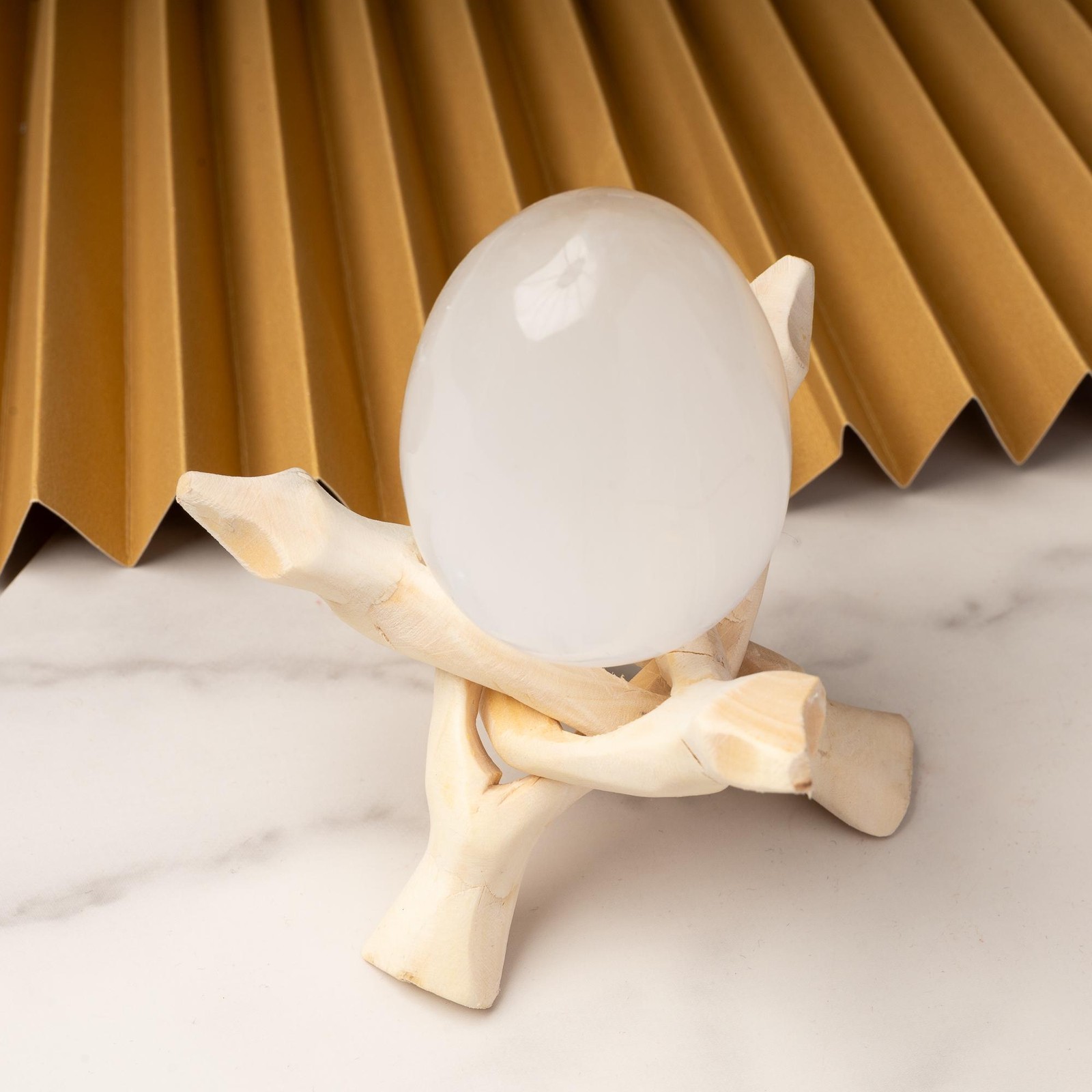 Selenite Egg with Wooden Tripod Stand Polished White Crystal Charging Stone Gift