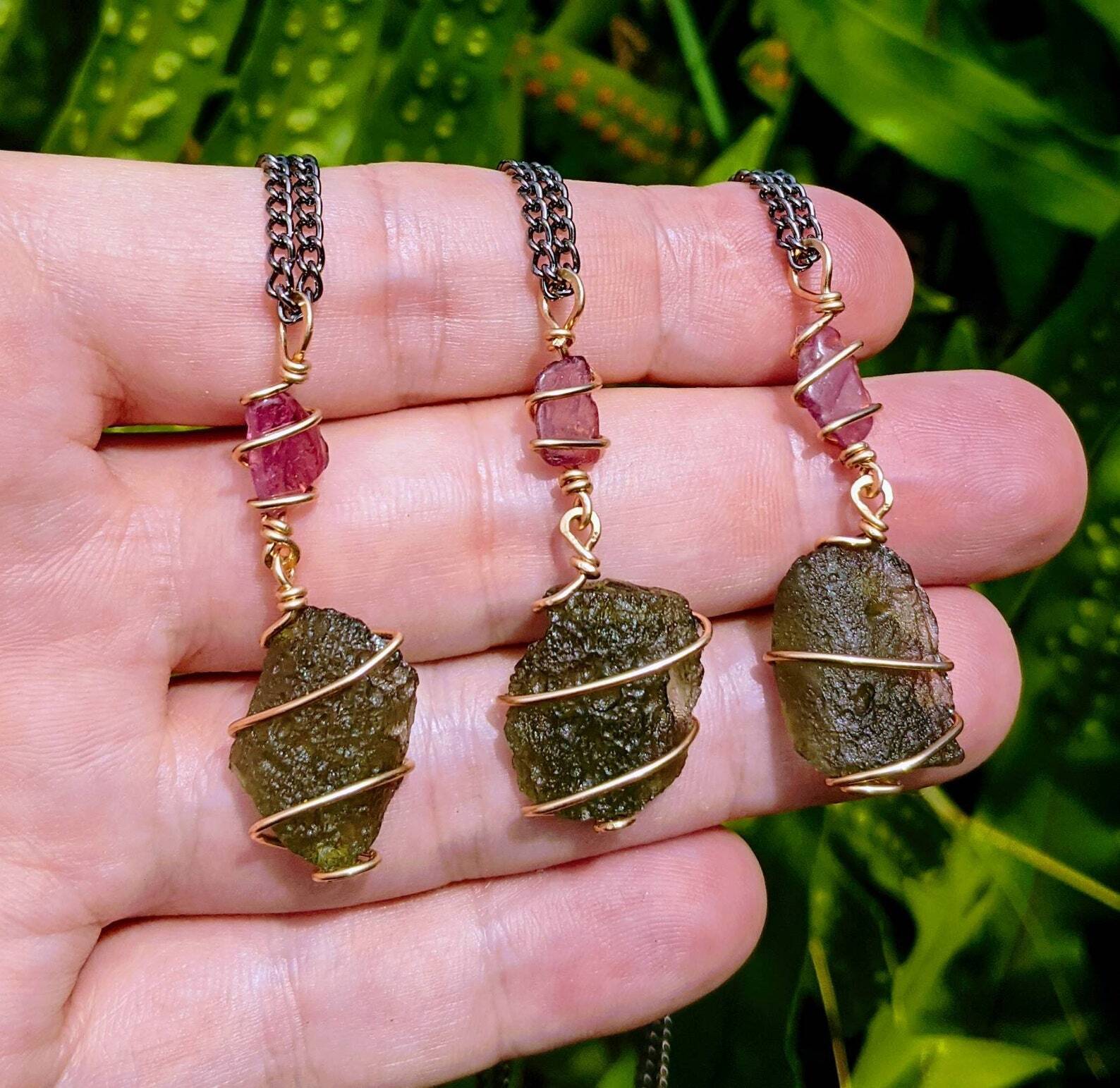 MOLDAVITE NECKLACE Pink Tourmaline 12kt Gold Certified Genuine Moldavite Pendant
