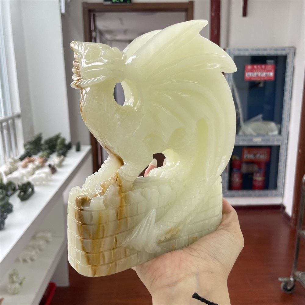 5LB 7.4″ Natural Afghan Jade Castle Flying Dragon Crystal Quartz Reiki Carving