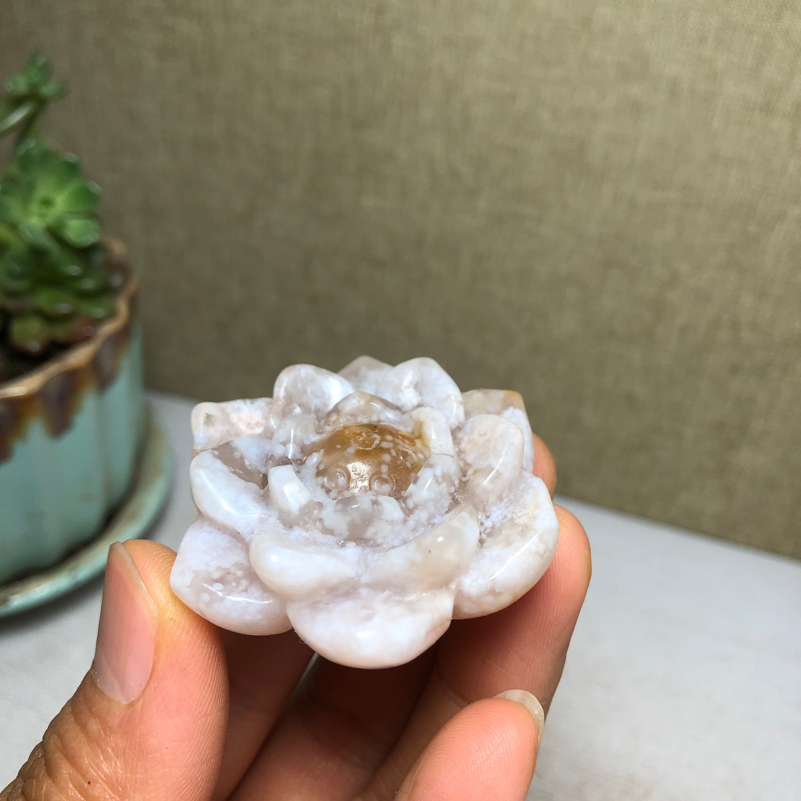 44mm Natural cherry blossom agate Hand carved flower Crystal specimens 38g A4456