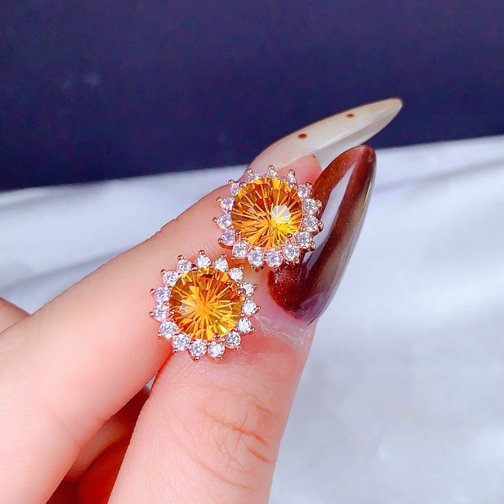 Natural Citrine sunflower Stud Earrings Gemstone S925 Silver Plated18K Gold Gift
