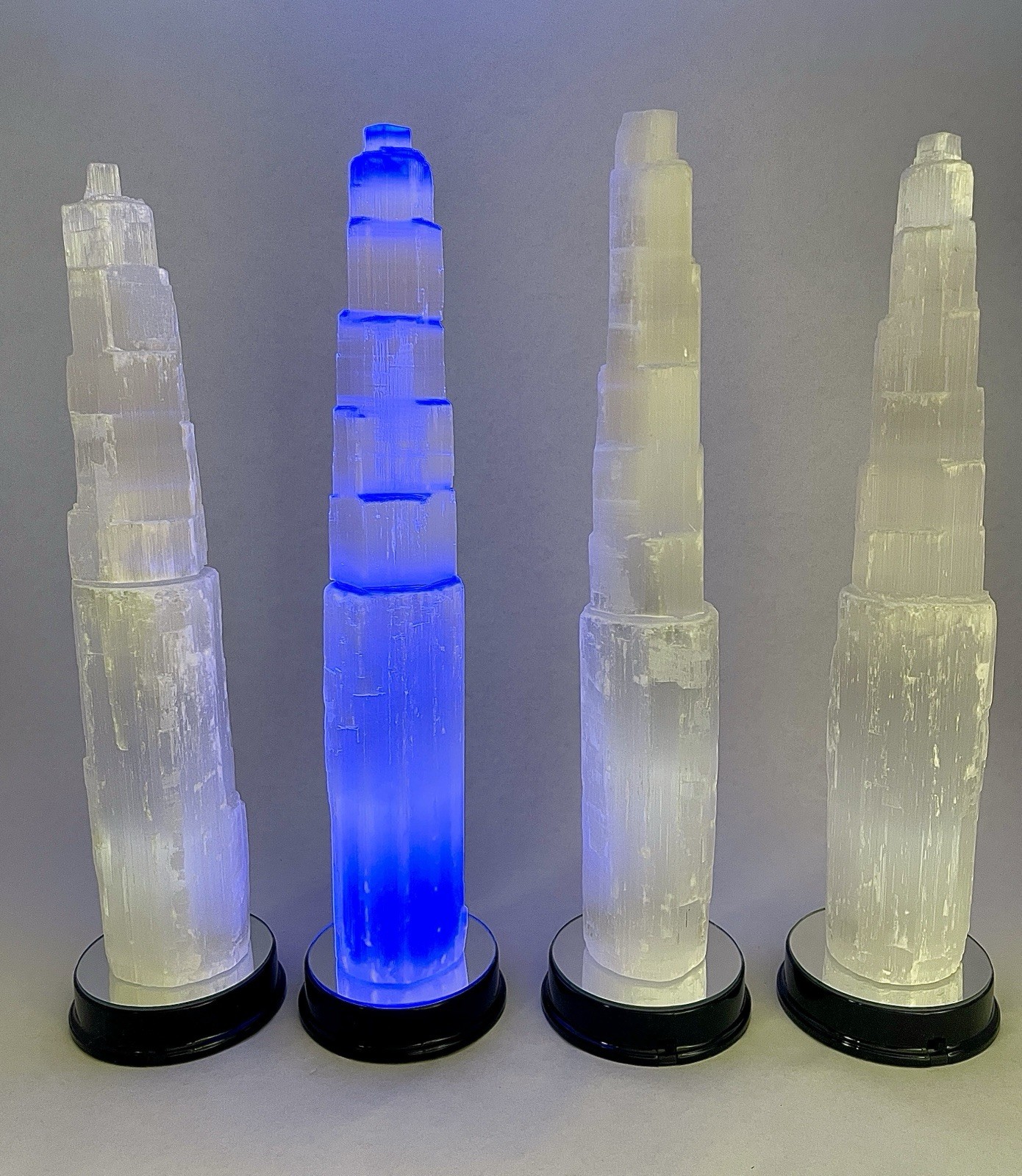 12” Display Crystals Of Satin Spar Tower W/ 6 Color LED Light Stands Included!
