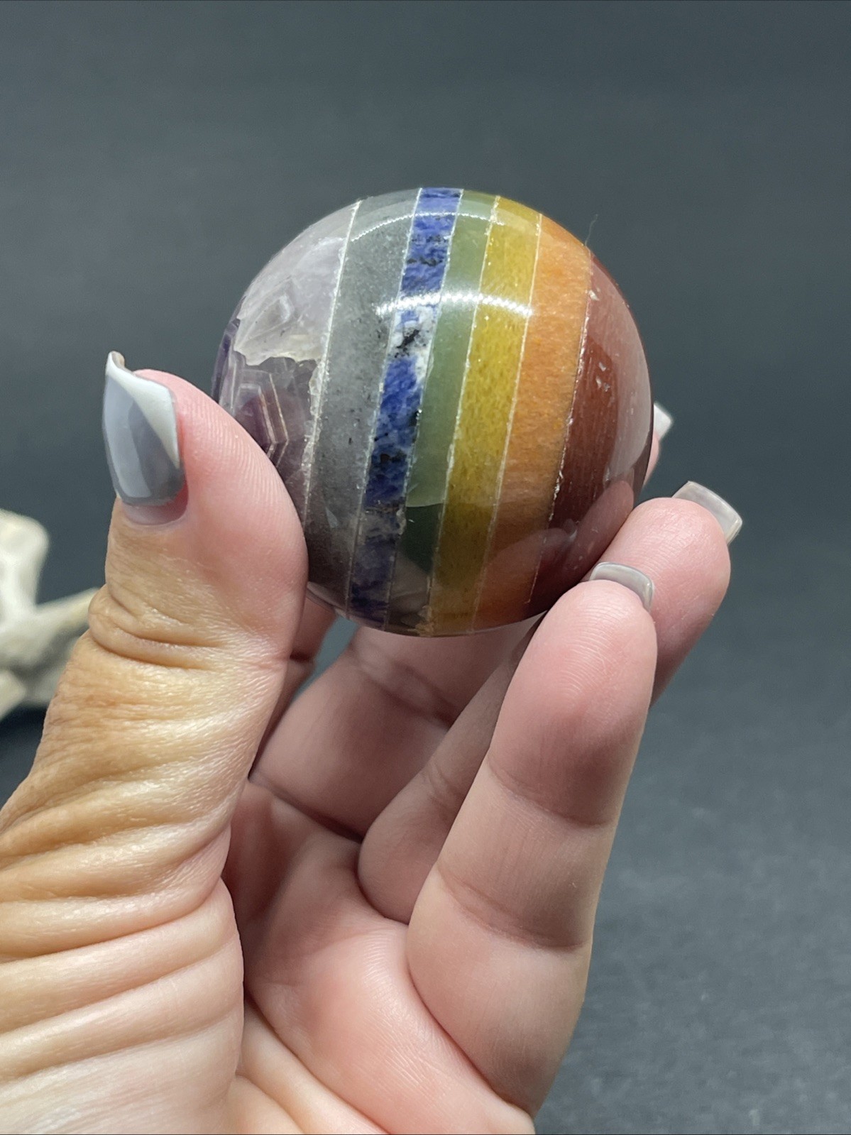Chakra Sphere Seven 7 Gemstone Crystal Ball w/ Wood Stand 1.75″ D