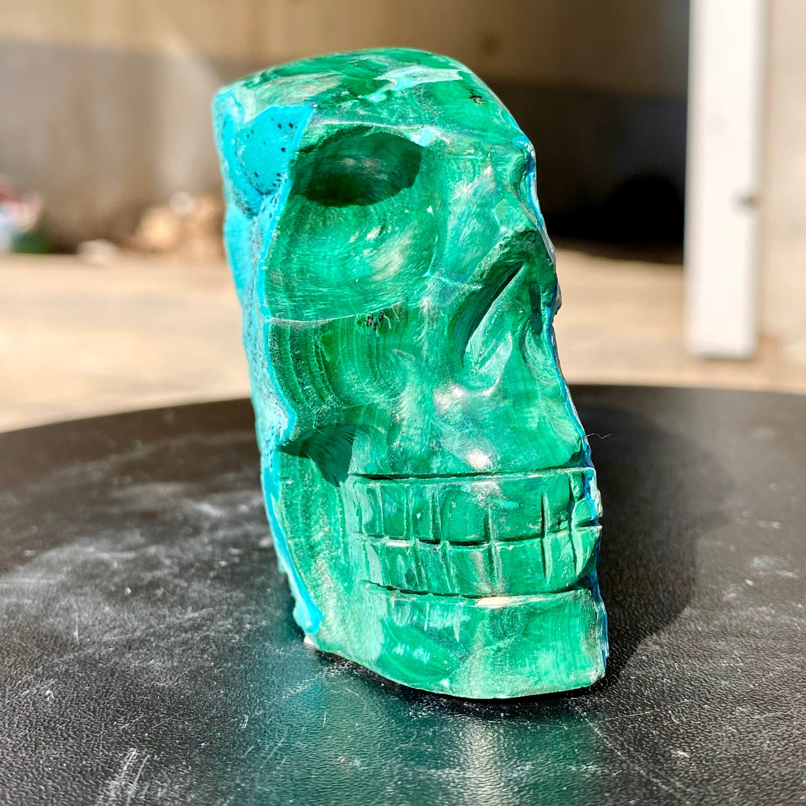 418G Natural Malachite silicon Quartz Crystal Skull Carved Stone Skeleton