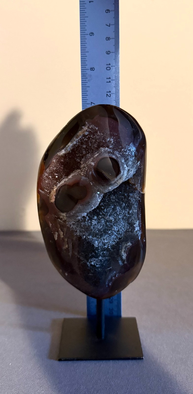 Dark Red Agate with Sparkly Druzy Quartz on Stand – Orb Eyes – Has a Face