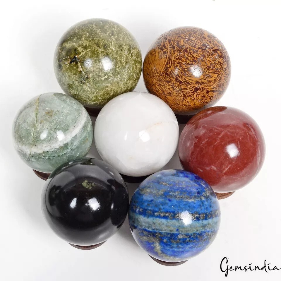 4880 Ct 7 Pcs Set Of Multigems Crystal Sphere Ball Polished Healing w/ Stand