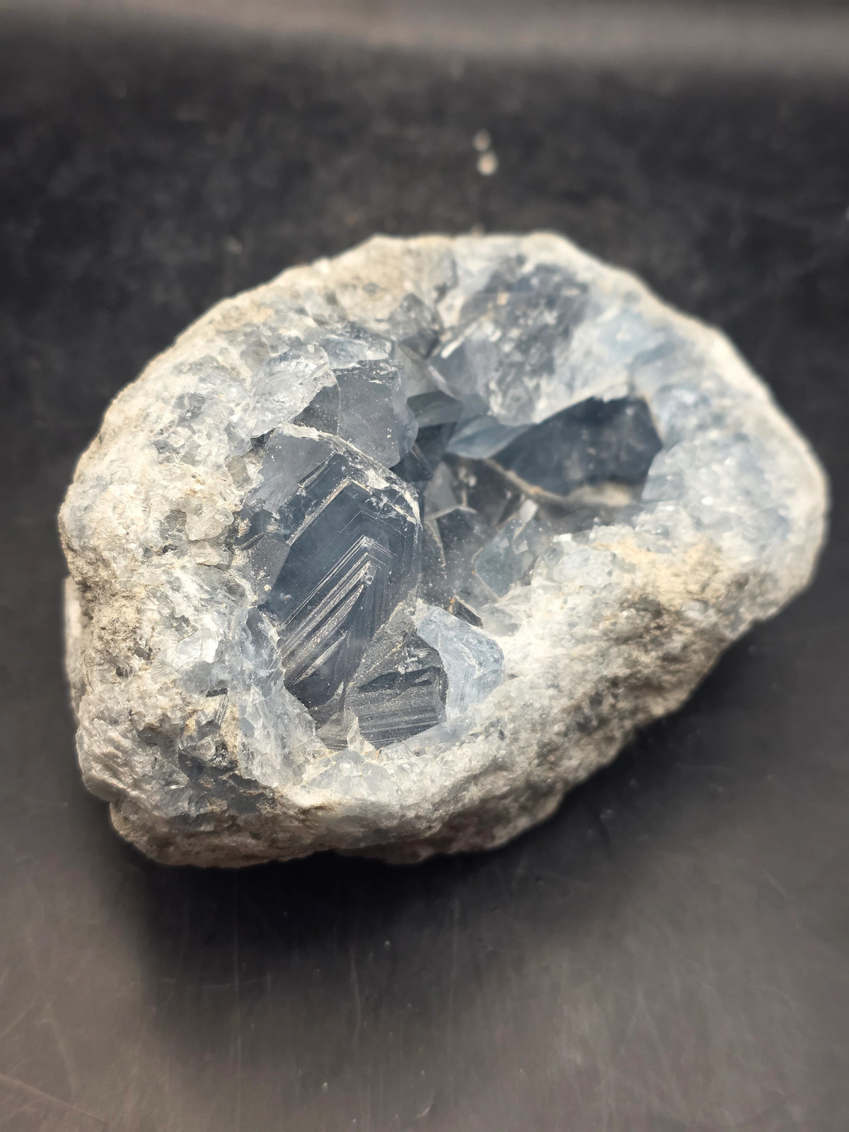 Blue calcite geode! 1.8 pounds, 3.7 inches long, 2.5 inches wide