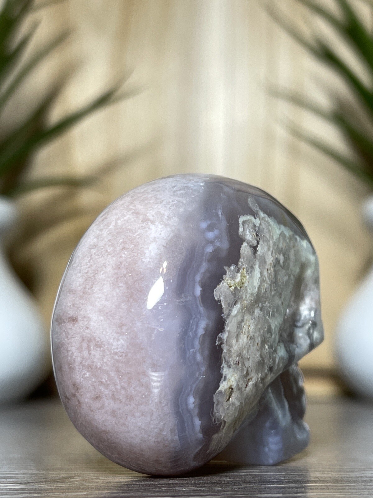 FLOWER AGATE SKULL – Mineral Carving Pink Purple Chakra Crystal Statue Decor