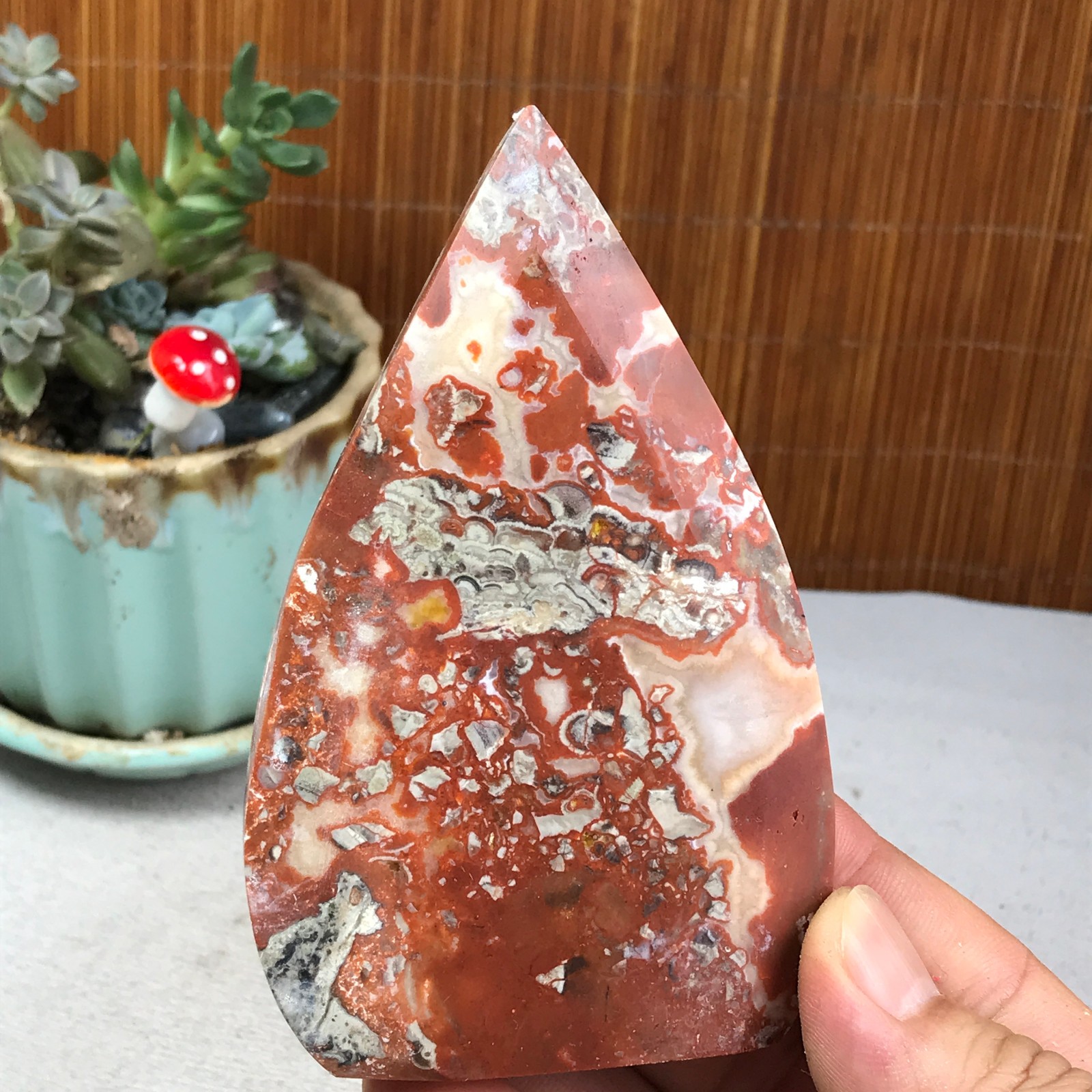 Natural money Mexico agate hand carve leaf Crystal Specimen free standing A6259